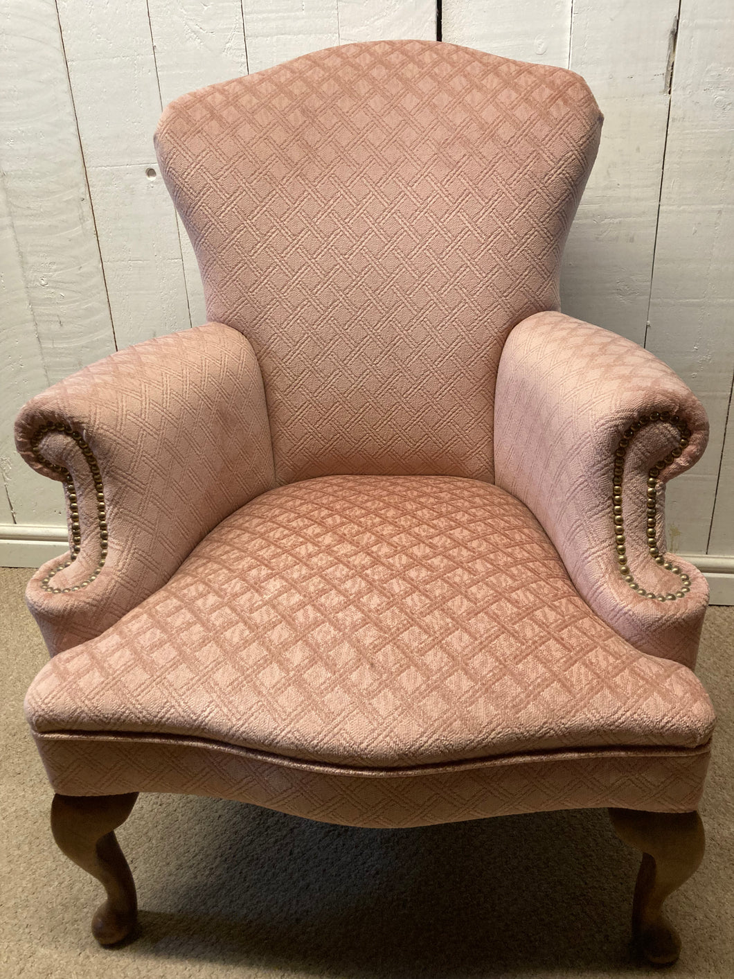 Vintage Pink Upholstered Armchair With Stud Detailing To Arms