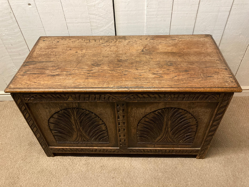 Antique Oak Trunk Blanket Box With Carvings