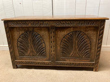 Load image into Gallery viewer, Antique Oak Trunk Blanket Box With Carvings
