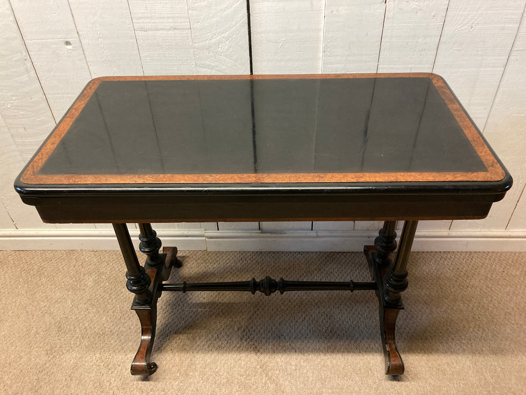 Antique Ebonised Card Table With Burr Walnut Inlays On Castors