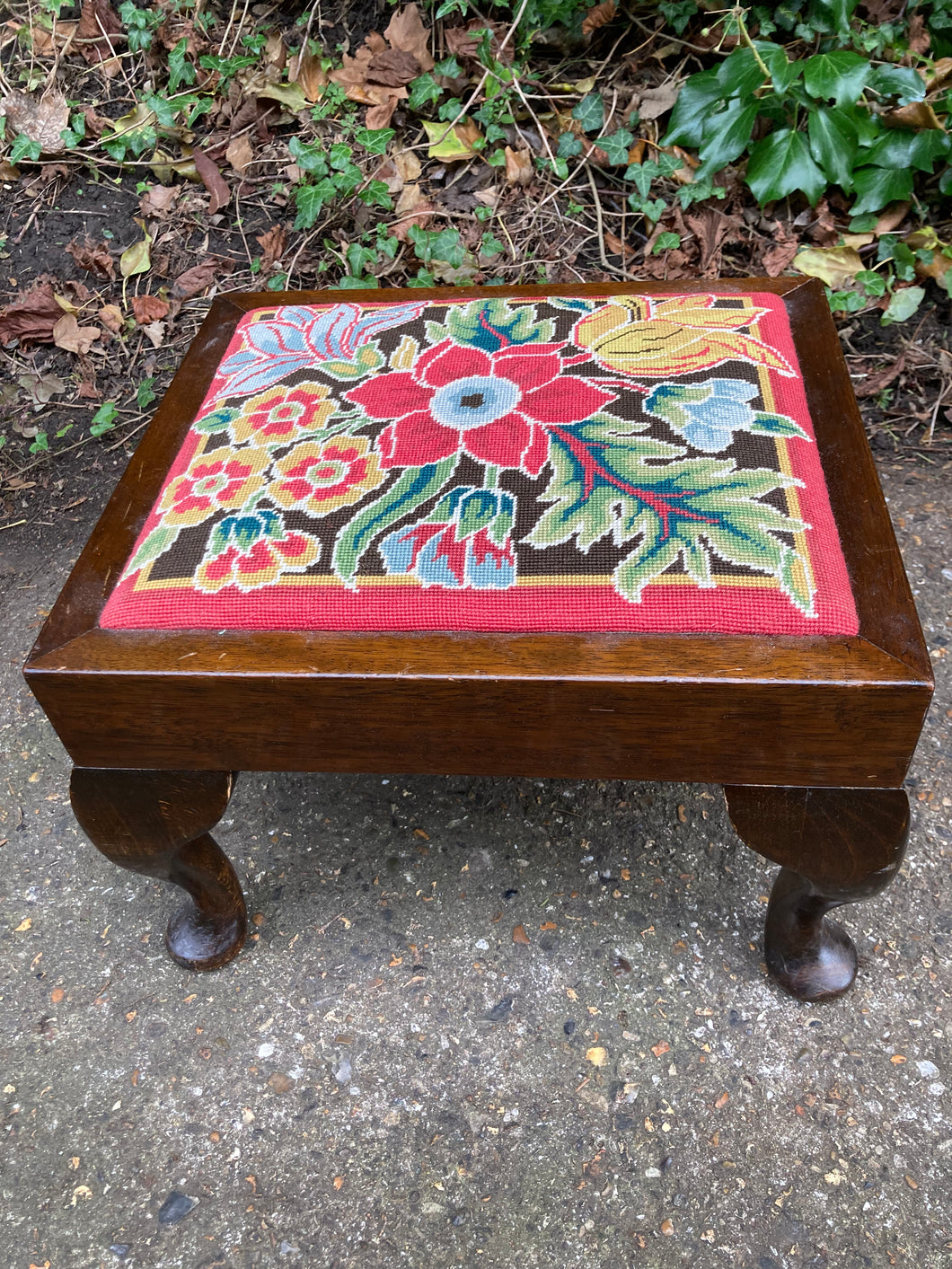 Vintage Mahogany Foot Stool Upholstered In Tapestry