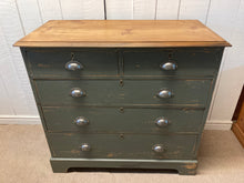 Load image into Gallery viewer, Green Painted Two Over Three Pine Chest Of Drawers Cup Handles
