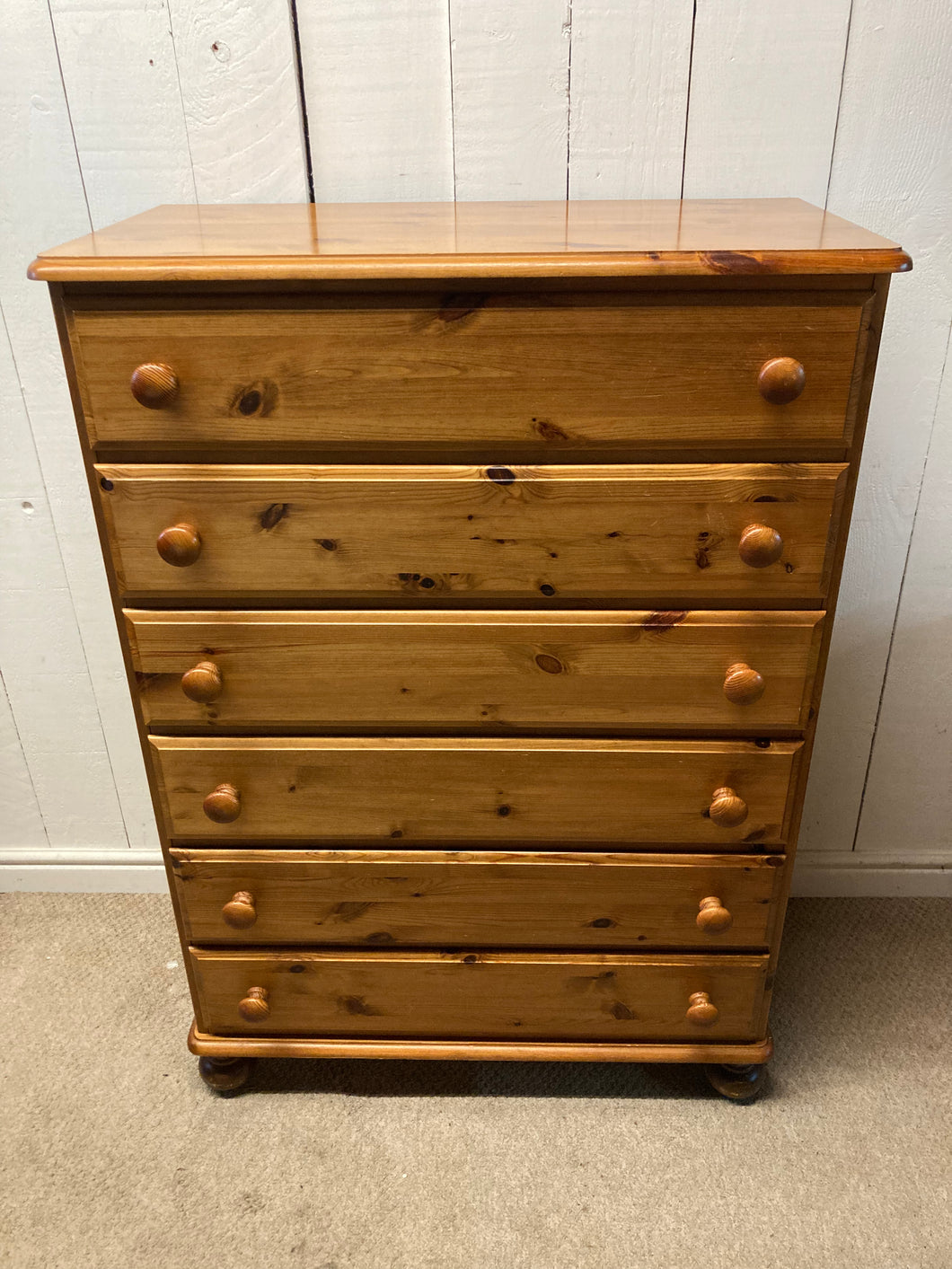 Solid Pine Chest Of Six Drawers On Castors
