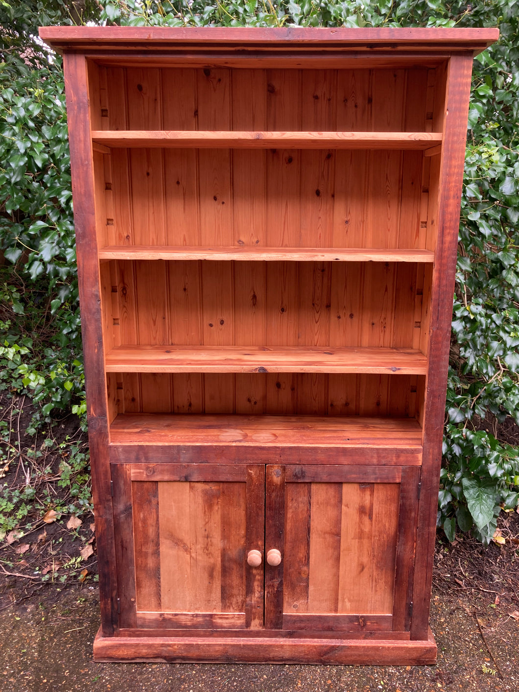 Solid Pine Bookcase Over Two Door Cupboard With Adjustable Shelves