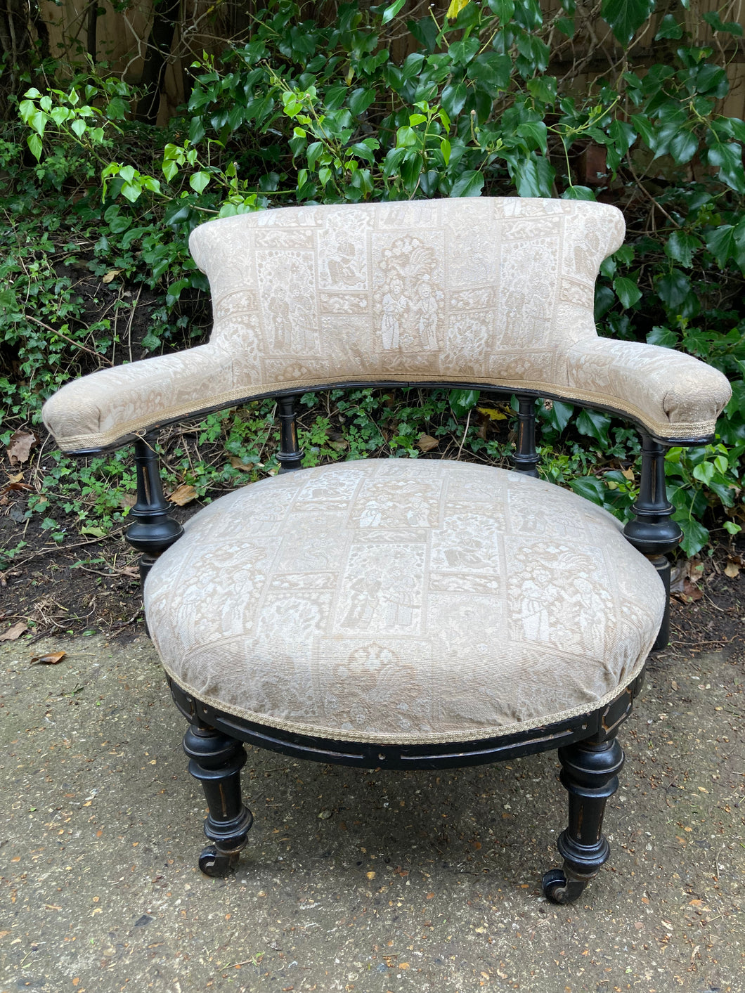 Antique Ebonised Wood Frame Tub Chair On Castors Cream Upholstery