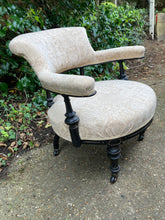 Load image into Gallery viewer, Antique Ebonised Wood Frame Tub Chair On Castors Cream Upholstery
