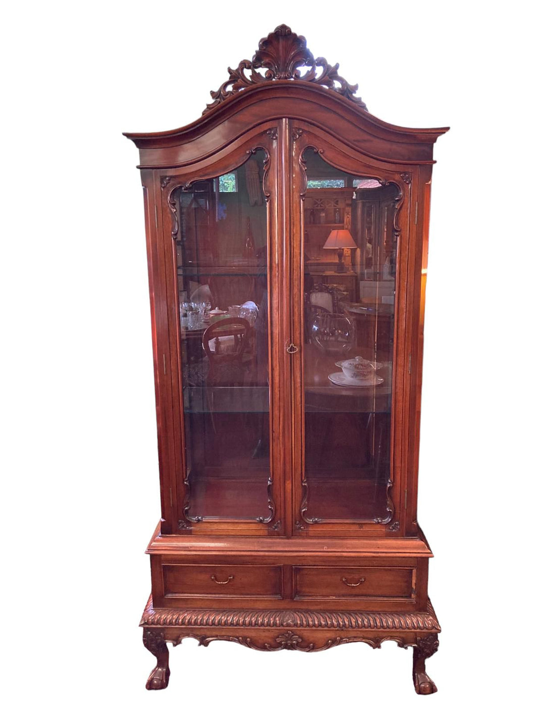 Glazed Mahogany Display Cabinet With Carvings On Claw And Ball Feet