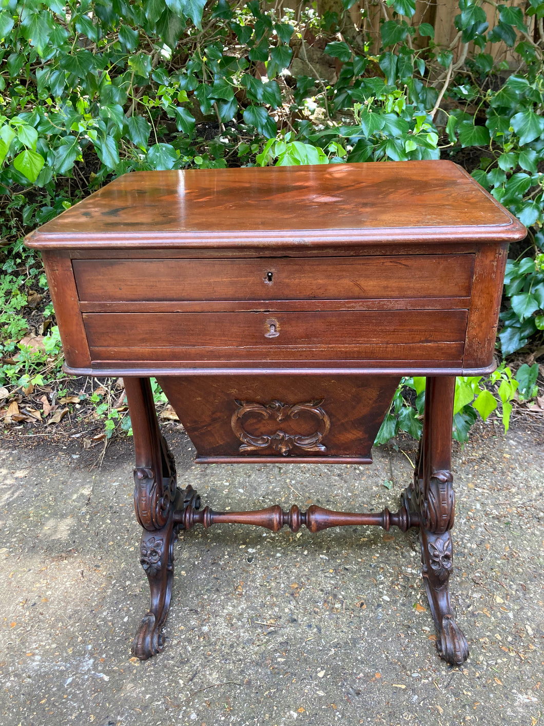 Antique Mahogany Sewing Table Three Drawers With Lock And Key