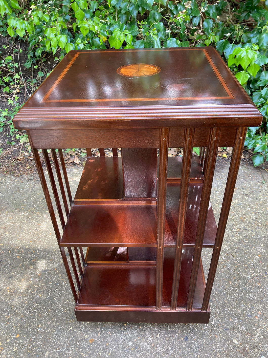 Mahogany Reproduction Masters Of Eaton Revolving Bookcase On Castors Parquetry Details