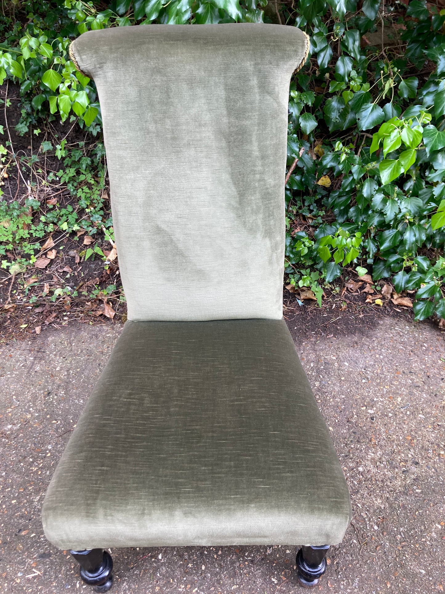 Antique Green Velour Upholstered Prayer Chair