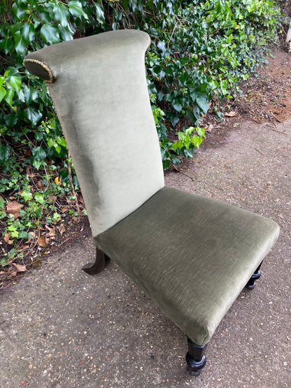 Antique Green Velour Upholstered Prayer Chair