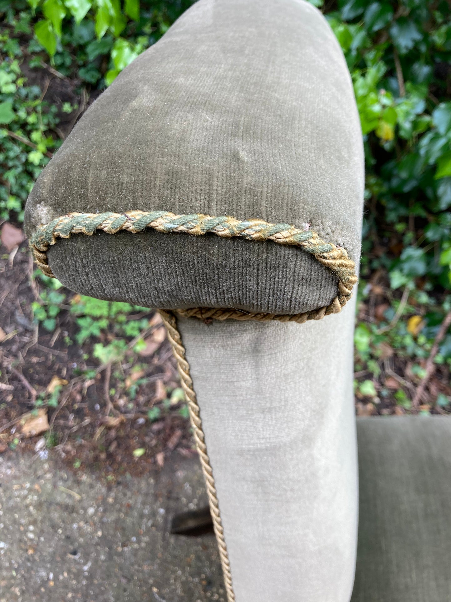 Antique Green Velour Upholstered Prayer Chair