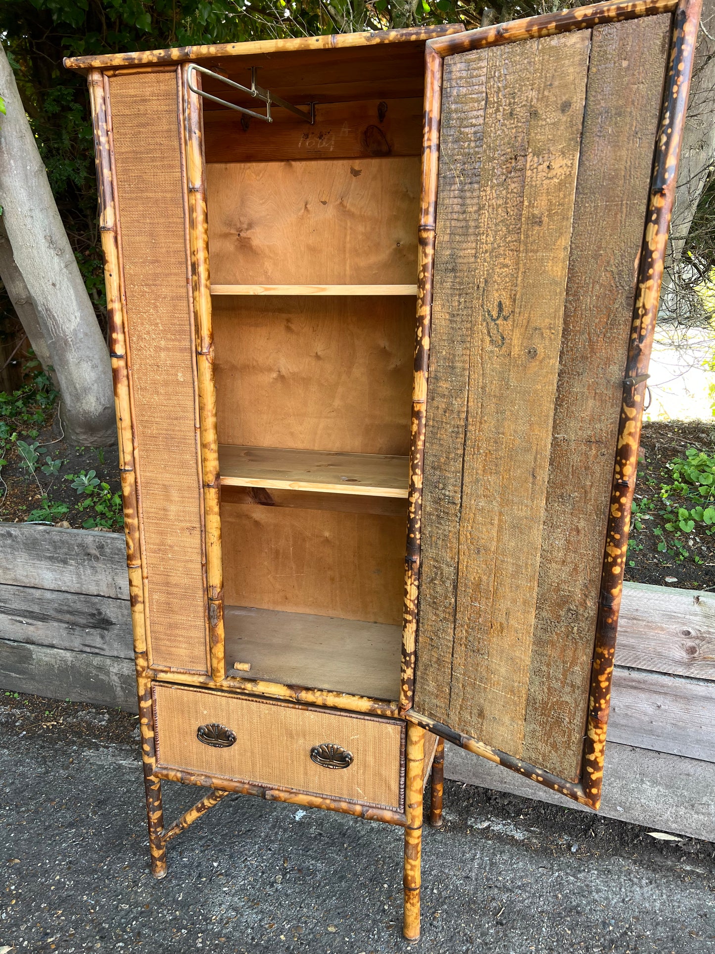 Victorian Tiger Bamboo And Wicker Wardrobe/Cupboard