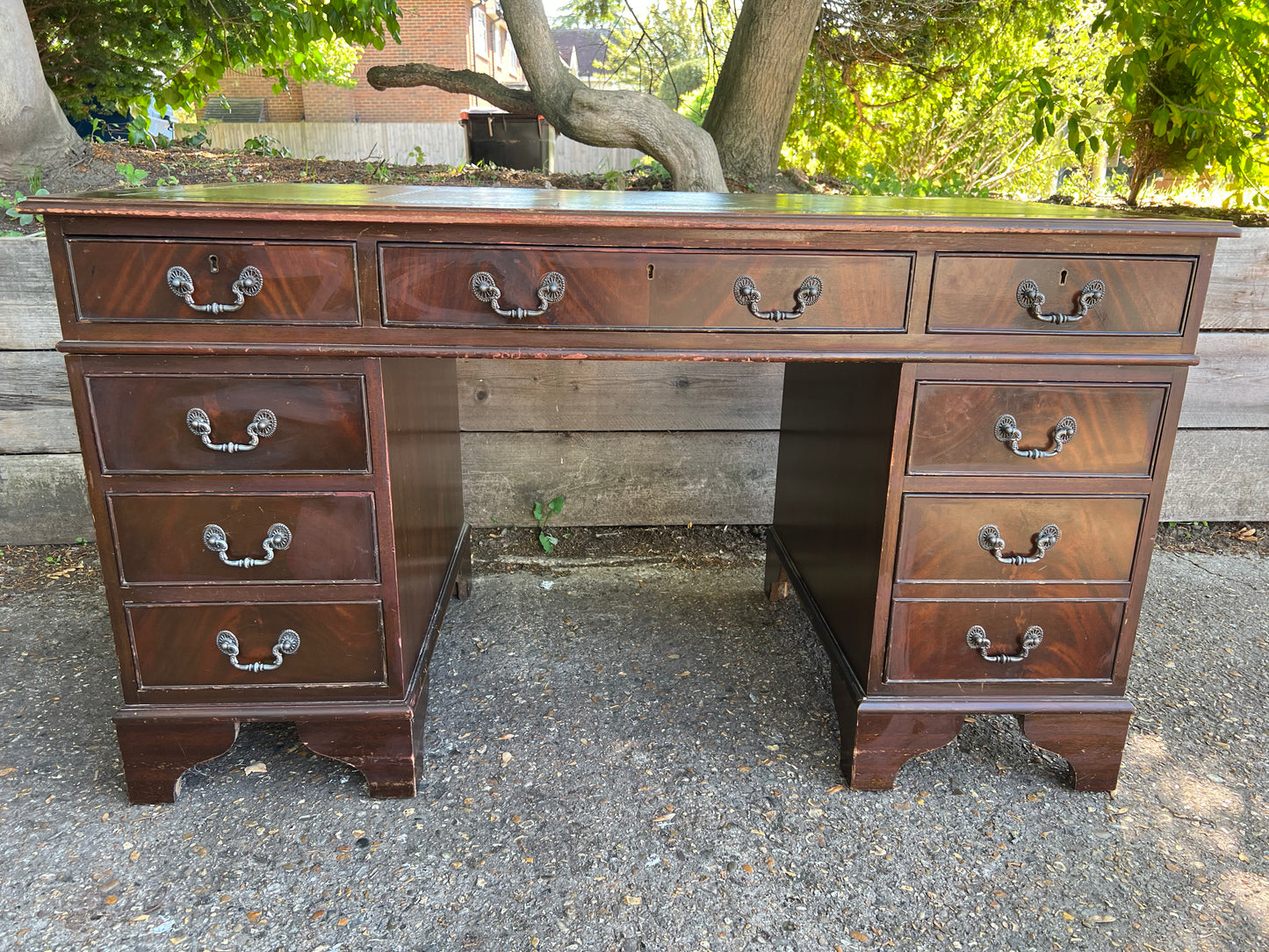 Green Leather Top Pedestal Desk
