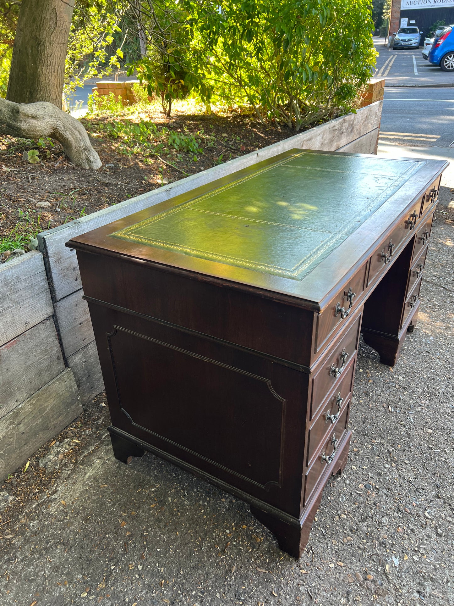 Green Leather Top Pedestal Desk