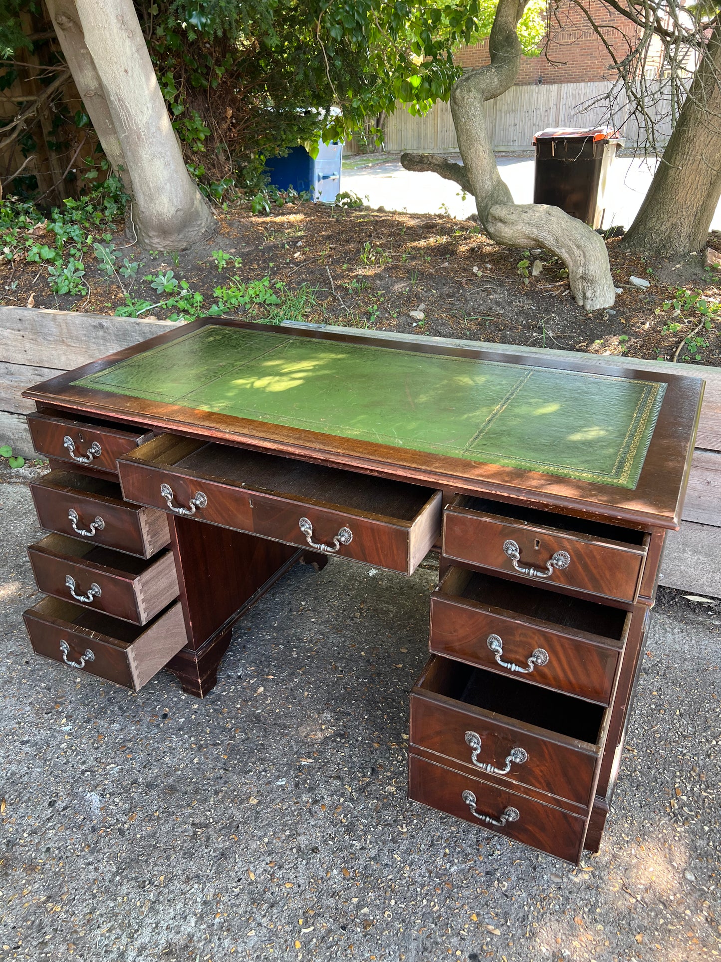 Green Leather Top Pedestal Desk