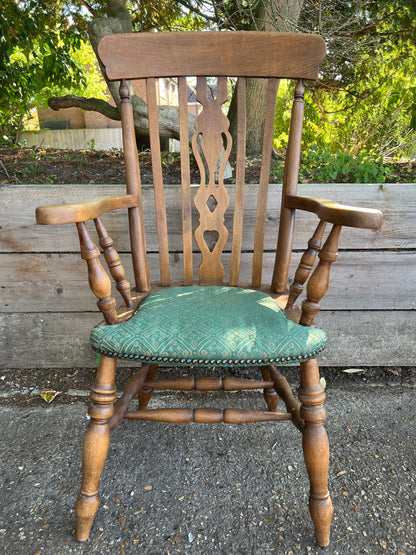 Oak Farmhouse High Back Grandfather Chair Padded Seat