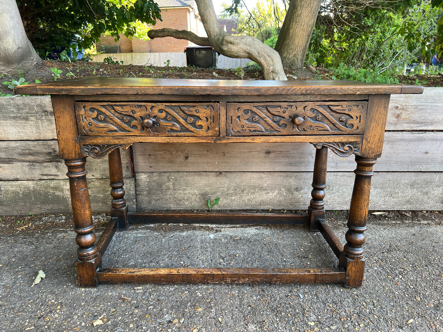 Antique Oak Console Table Side Table Two Drawers