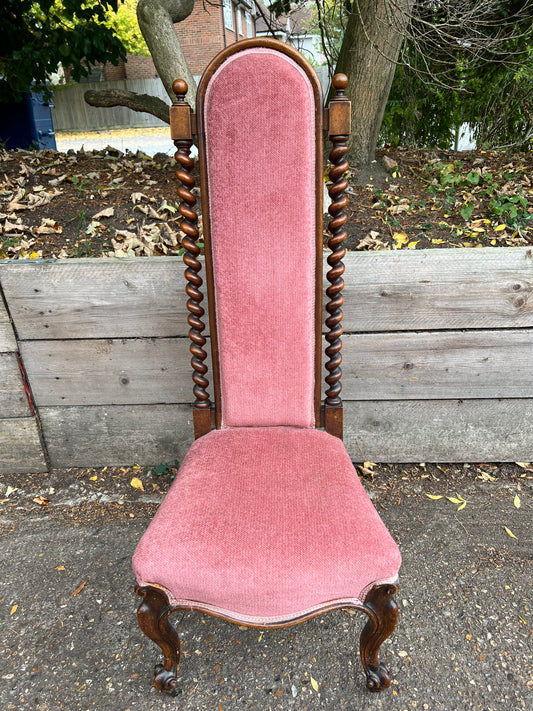 Antique Mahogany High Back Chair Barley Twist Details Upholstered In Pink