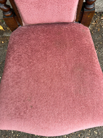 Antique Mahogany High Back Chair Barley Twist Details Upholstered In Pink