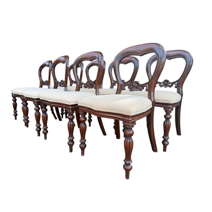 Set of 8 Vintage Mahogany Dining Chairs – Balloon Back Dining Chairs with Upholstered Seats
