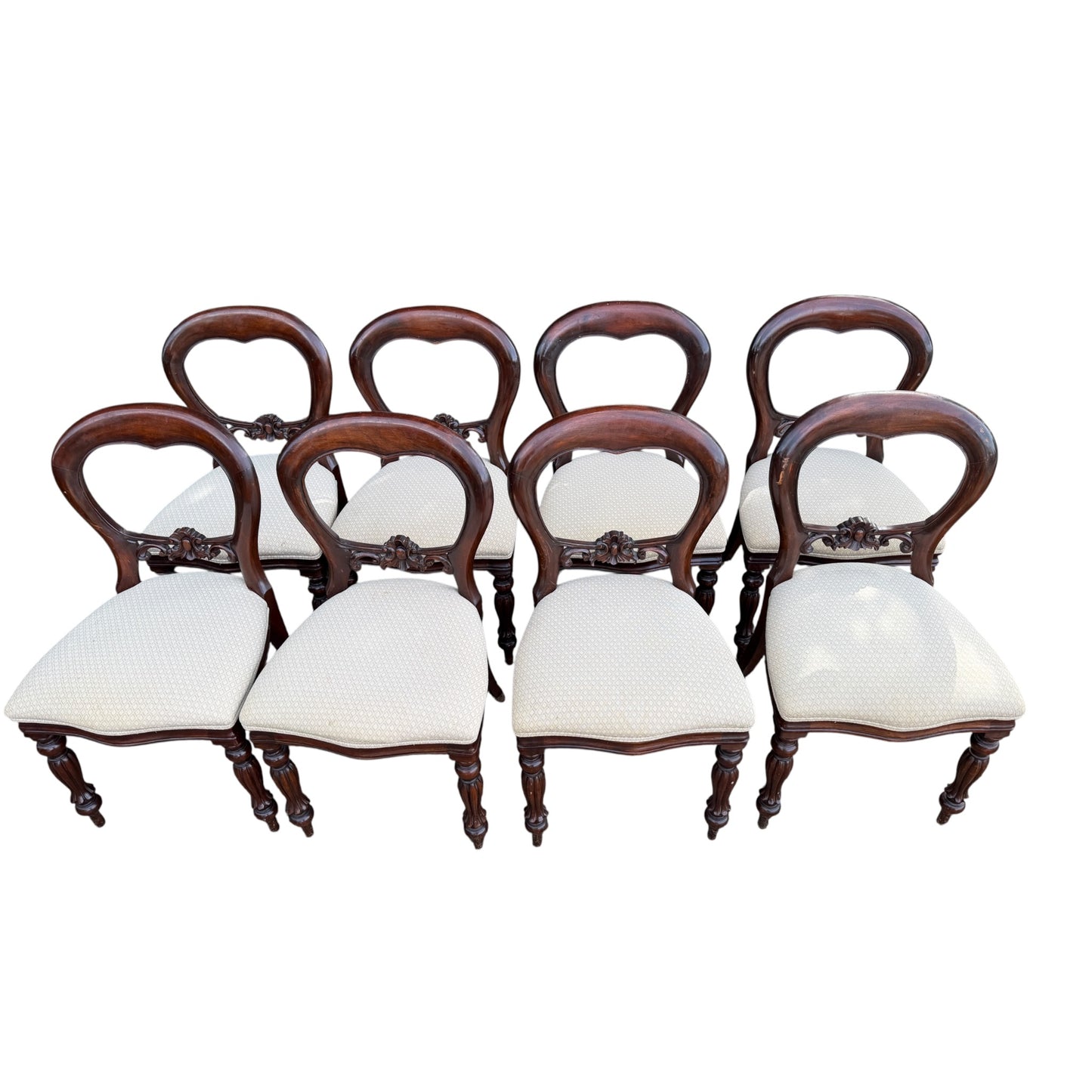 Set of 8 Vintage Mahogany Dining Chairs – Balloon Back Dining Chairs with Upholstered Seats