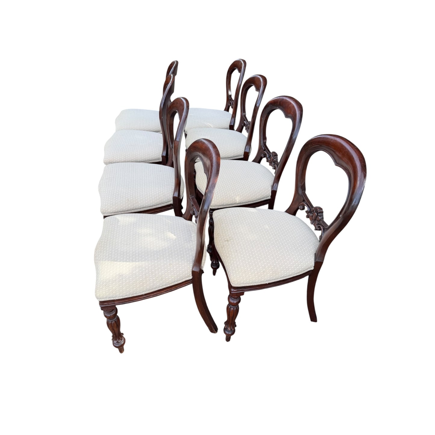 Set of 8 Vintage Mahogany Dining Chairs – Balloon Back Dining Chairs with Upholstered Seats