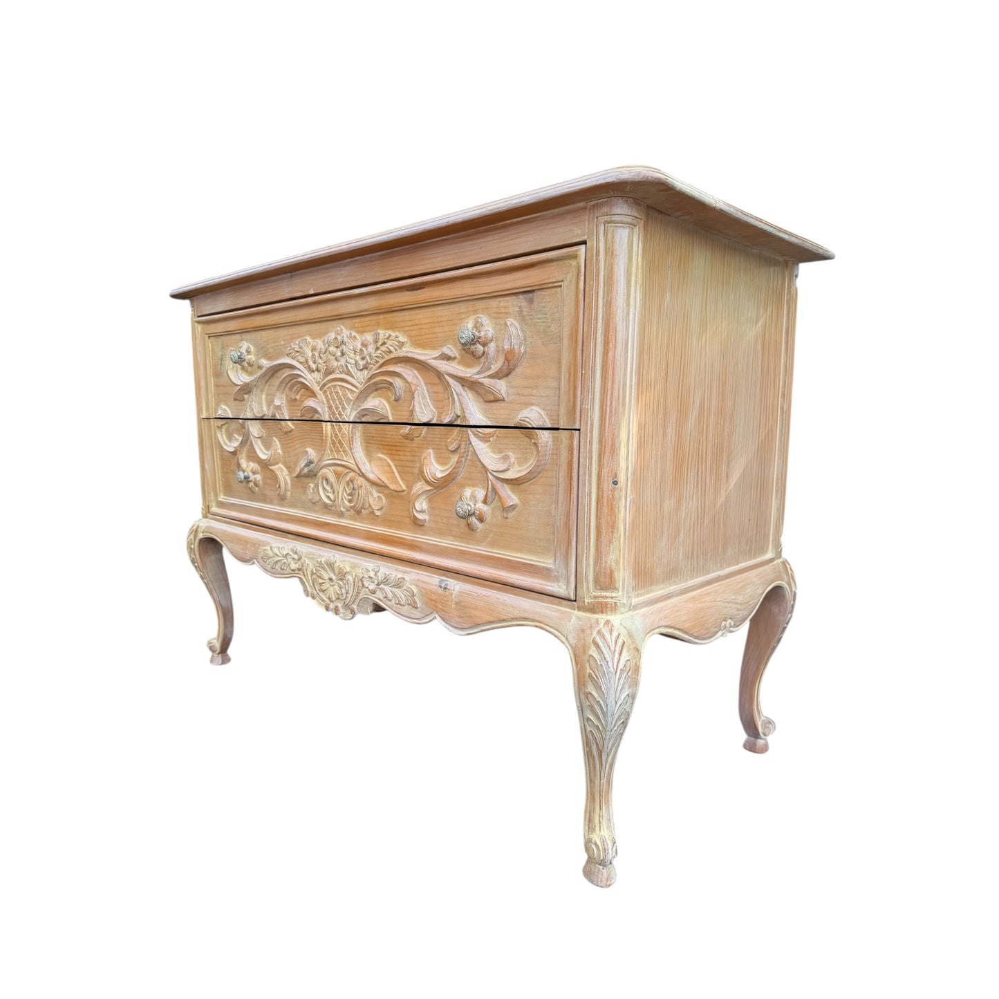 Vintage Carved Pine Chest of Drawers – French Style Two Drawer Commode / Side Cabinet