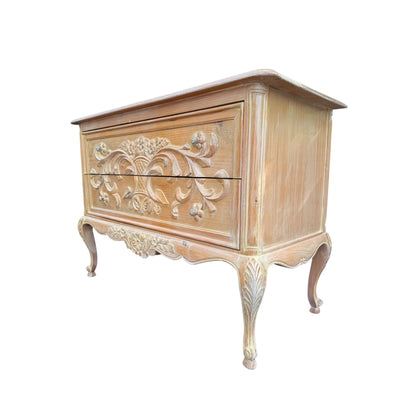 Vintage Carved Pine Chest of Drawers – French Style Two Drawer Commode / Side Cabinet