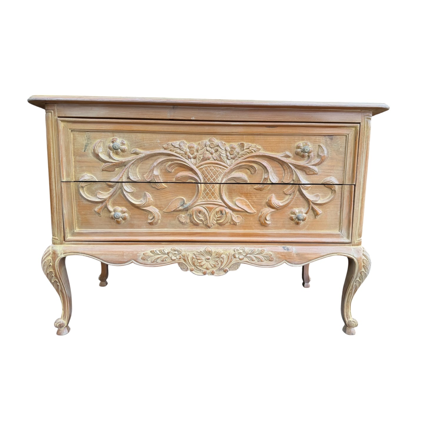 Vintage Carved Pine Chest of Drawers – French Style Two Drawer Commode / Side Cabinet
