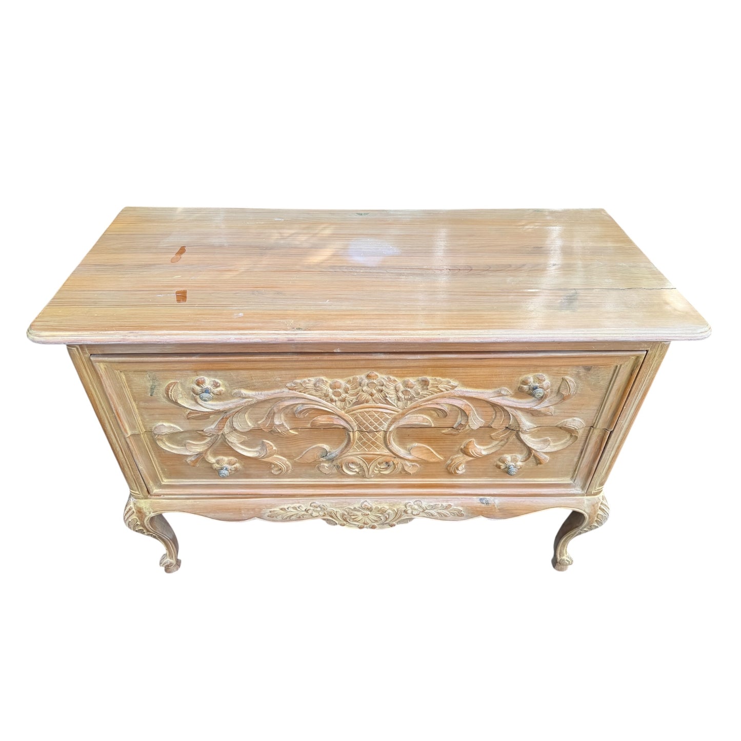 Vintage Carved Pine Chest of Drawers – French Style Two Drawer Commode / Side Cabinet
