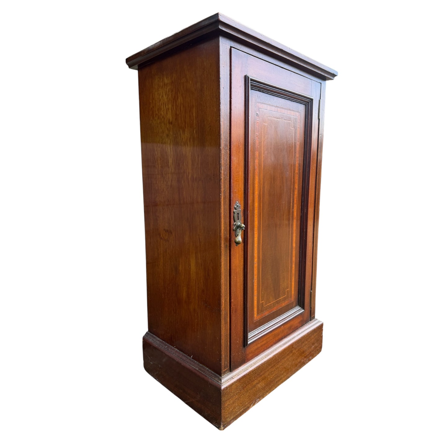 Antique Mahogany Bedside Cabinet / Pot Cupboard – Victorian Inlaid Single Door Cupboard