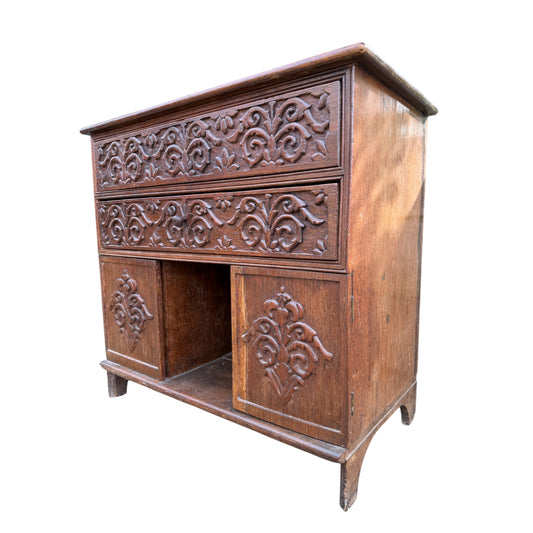 Antique Carved Oak Side Cabinet / Cupboard – Jacobean Revival Two Drawer Storage Cabinet