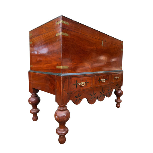 Large Antique Indian Campaign Trunk Chest on Stand – Brass Bound Colonial Storage Chest