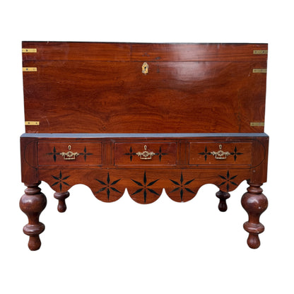 Large Antique Indian Campaign Trunk Chest on Stand – Brass Bound Colonial Storage Chest