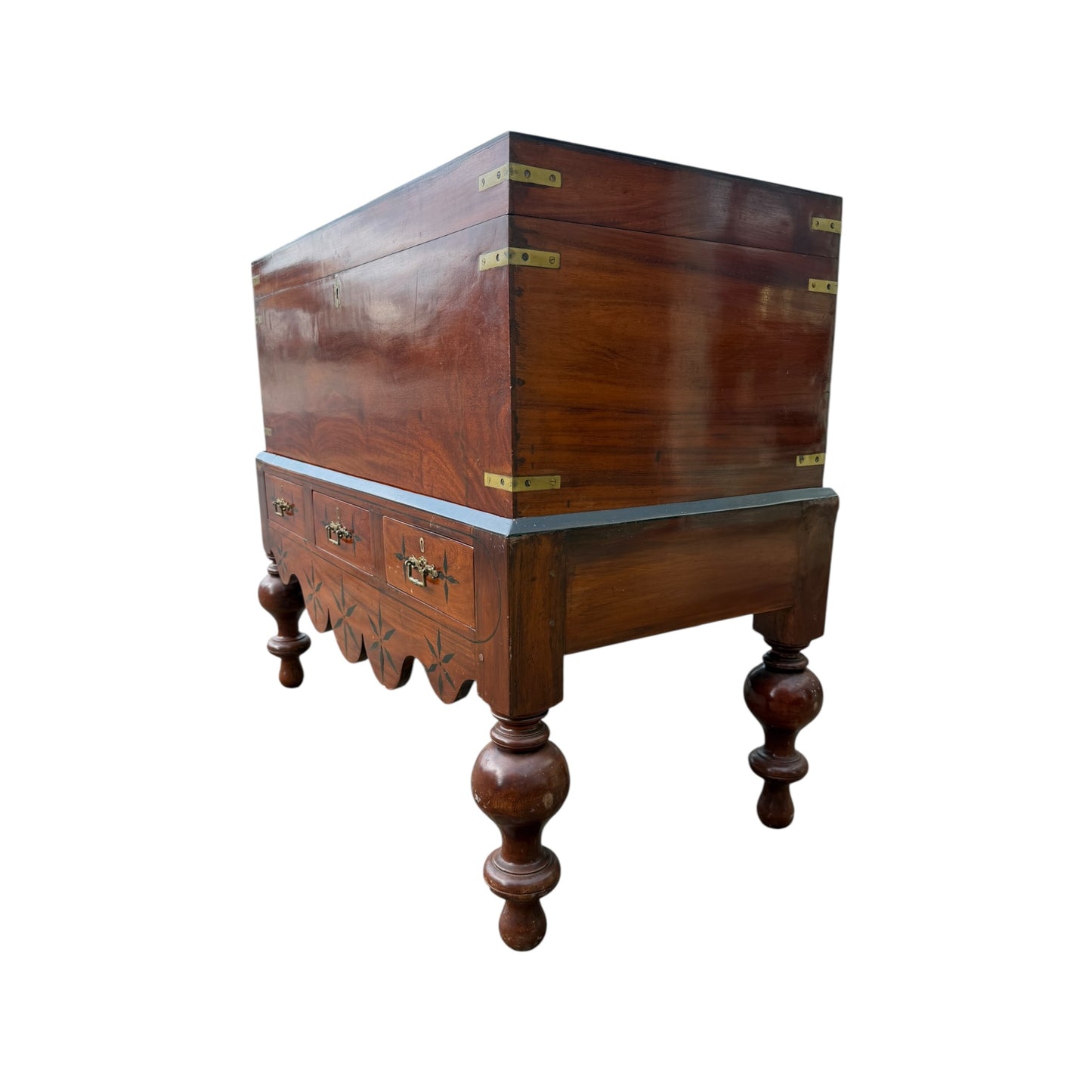 Large Antique Indian Campaign Trunk Chest on Stand – Brass Bound Colonial Storage Chest