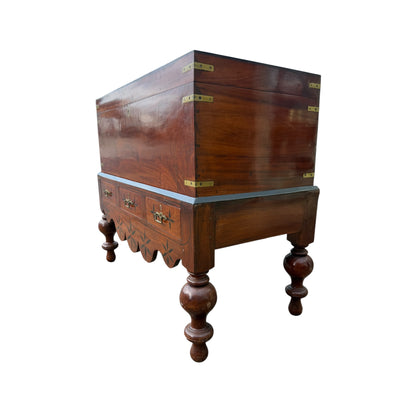 Large Antique Indian Campaign Trunk Chest on Stand – Brass Bound Colonial Storage Chest