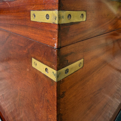 Large Antique Indian Campaign Trunk Chest on Stand – Brass Bound Colonial Storage Chest