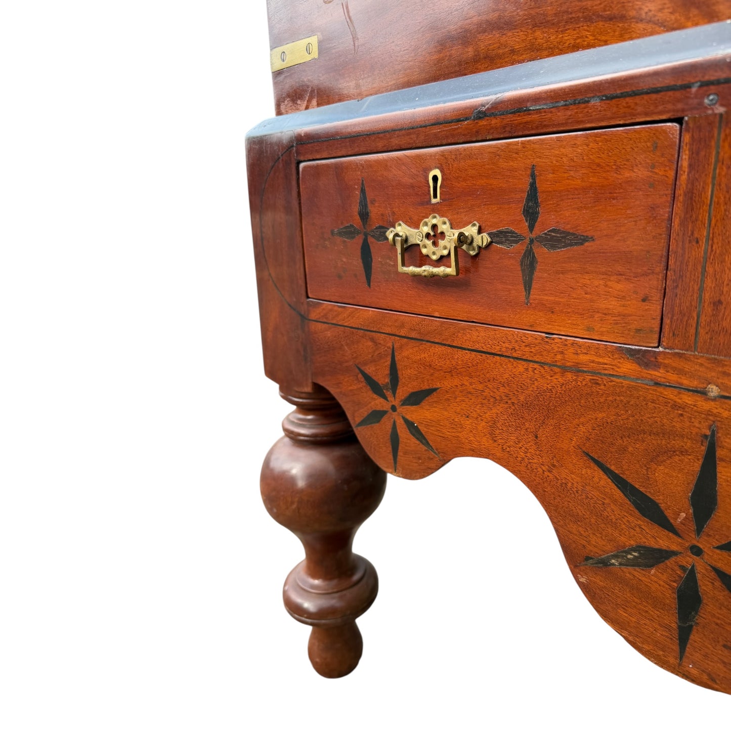 Large Antique Indian Campaign Trunk Chest on Stand – Brass Bound Colonial Storage Chest