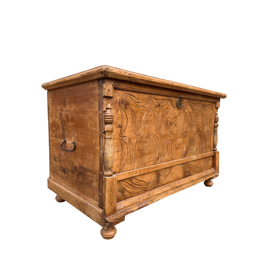 Antique Carved Pine Blanket Chest / Trunk – Folk Art Storage Chest with Tulip Carving