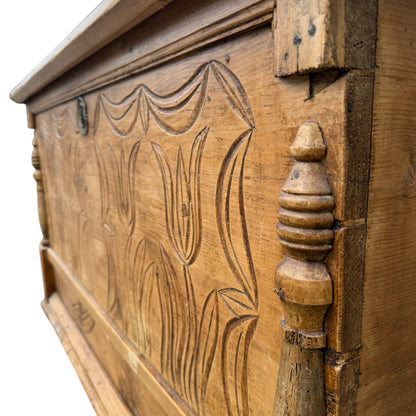 Antique Carved Pine Blanket Chest / Trunk – Folk Art Storage Chest with Tulip Carving