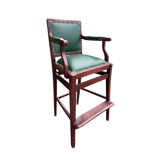 Vintage Wooden Umpire / Referee Chair – Green Leatherette Upholstered Seat – Court / Sports Club Chair