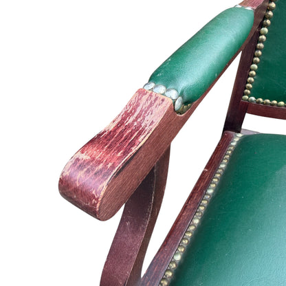 Vintage Wooden Umpire / Referee Chair – Green Leatherette Upholstered Seat – Court / Sports Club Chair