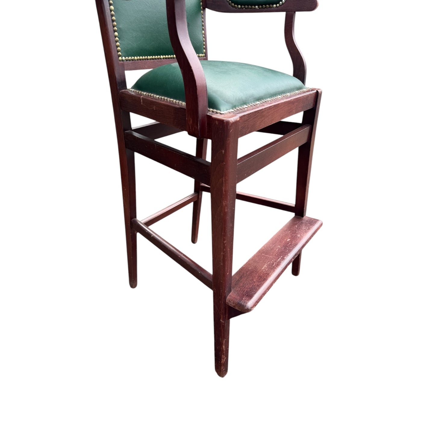 Vintage Wooden Umpire / Referee Chair – Green Leatherette Upholstered Seat – Court / Sports Club Chair