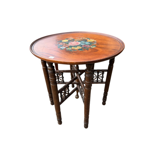 Vintage Occasional Table with Hand Painted Floral Top – Bobbin Base – Decorative Side Table