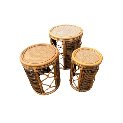 Vintage Rattan Wicker Nest of 3 Tables – Cane Conservatory Side / Lamp Tables
