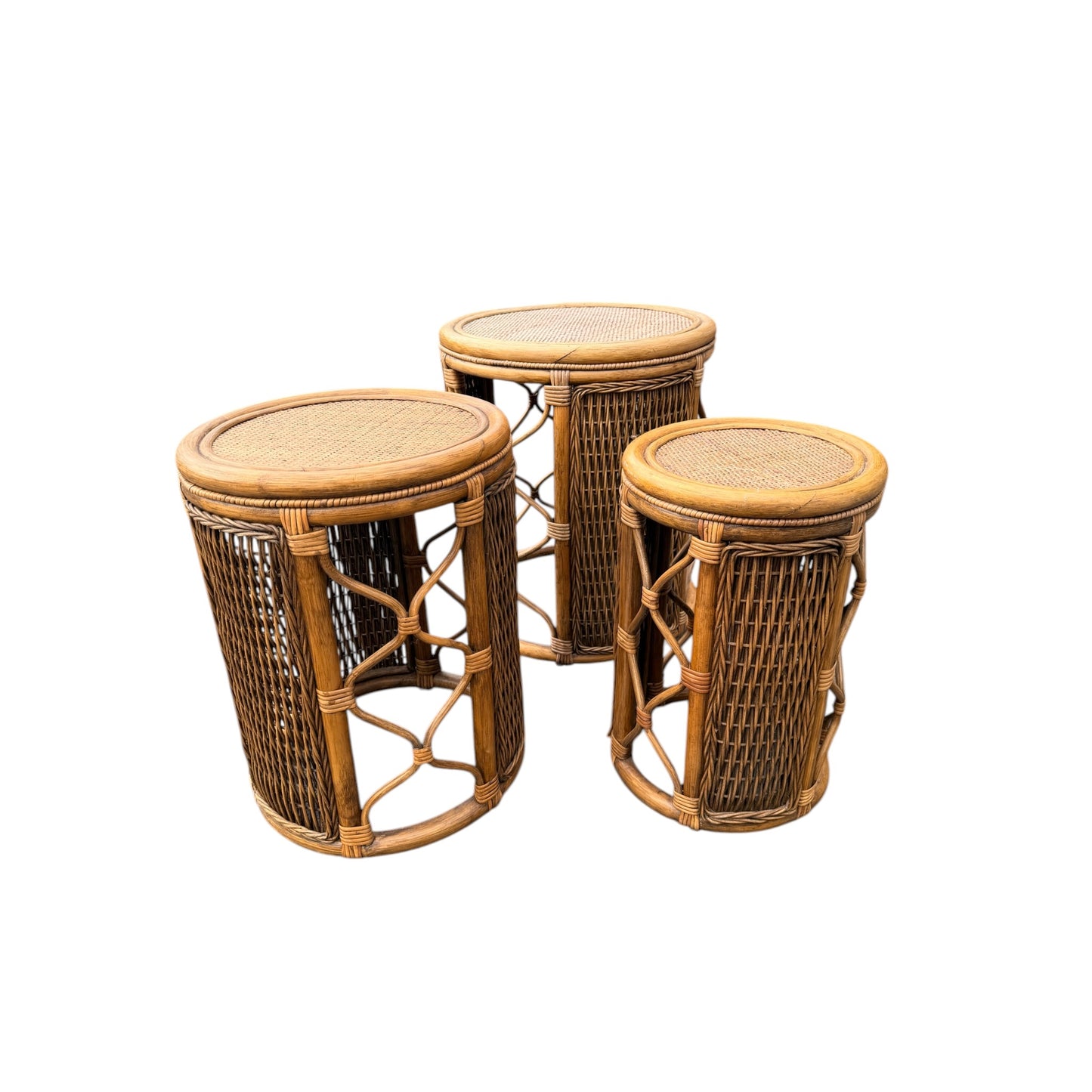 Vintage Rattan Wicker Nest of 3 Tables – Cane Conservatory Side / Lamp Tables