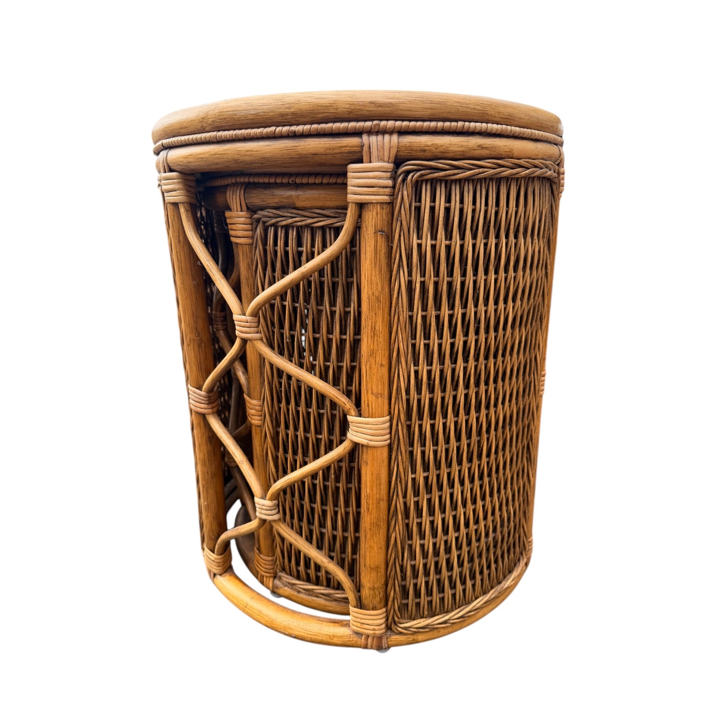 Vintage Rattan Wicker Nest of 3 Tables – Cane Conservatory Side / Lamp Tables