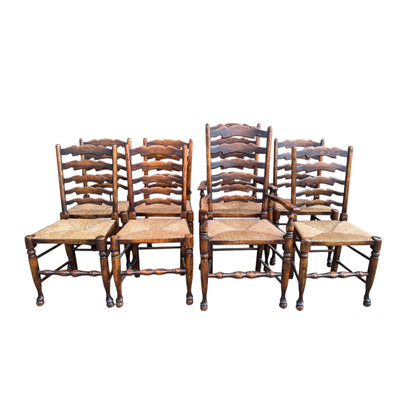 Set of 8 Vintage Country Ladderback Dining Chairs – Rush Seats, 2 Carvers