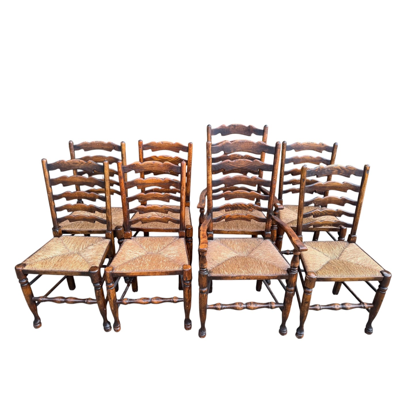 Set of 8 Vintage Country Ladderback Dining Chairs – Rush Seats, 2 Carvers